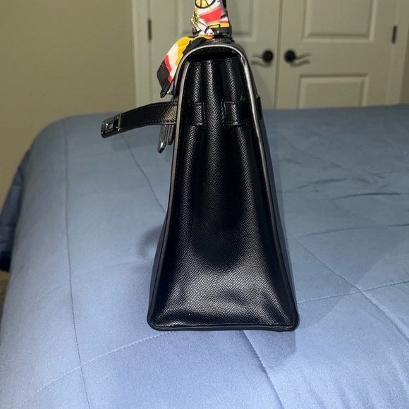 Black Structured Handbag with Colorful Scarf Accents - Picture 6 of 13